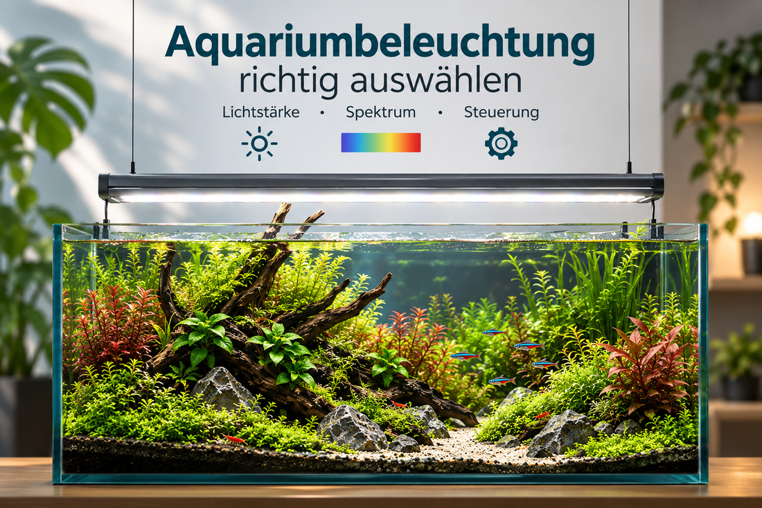 Bepflanztes Aquarium mit LED-Beleuchtung zur Auswahl der richtigen Lichtstärke, Lichtverteilung und Steuerung