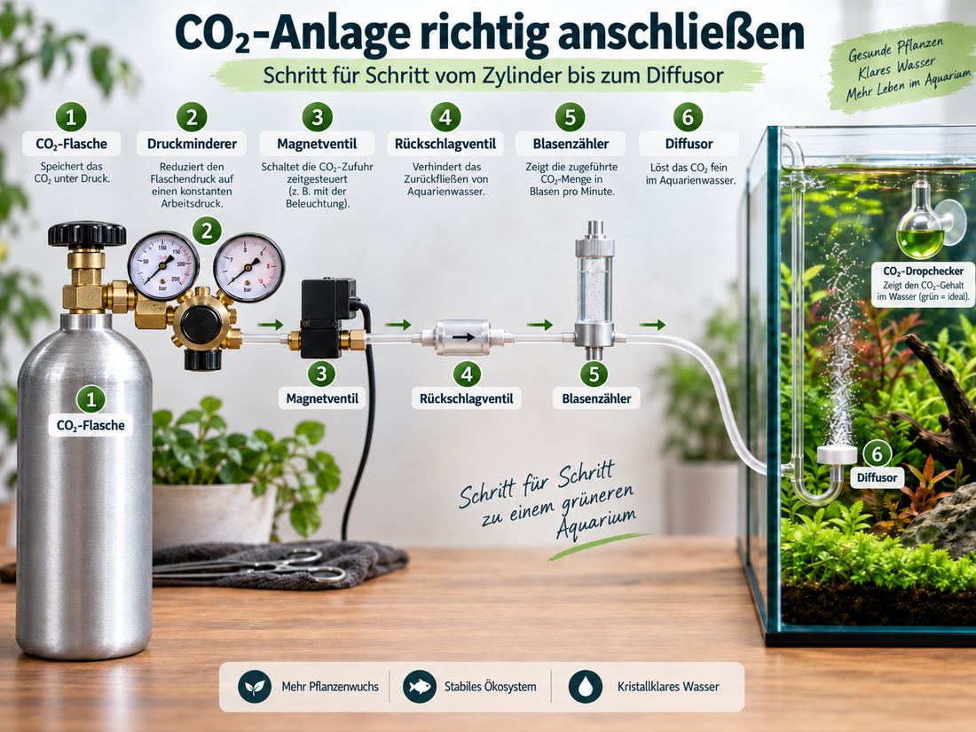 CO₂-Anlage fürs Aquarium richtig anschließen mit Mehrwegflasche, direkt am Flaschenventil montiertem Druckminderer, Magnetventil, Rückschlagventil, Blasenzähler und Diffusor