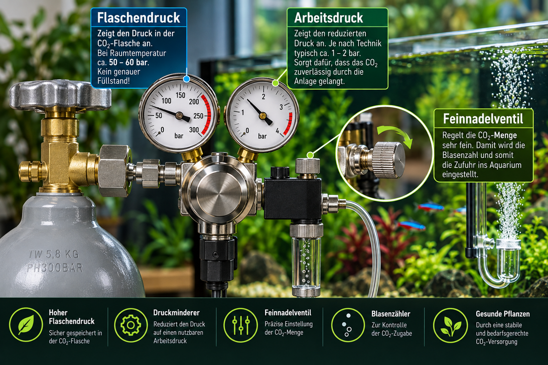 CO₂-Druckminderer fürs Aquarium mit Flaschendruck-Manometer, Arbeitsdruck-Manometer, Feinnadelventil, Blasenzähler und angeschlossenem CO₂-Diffusor