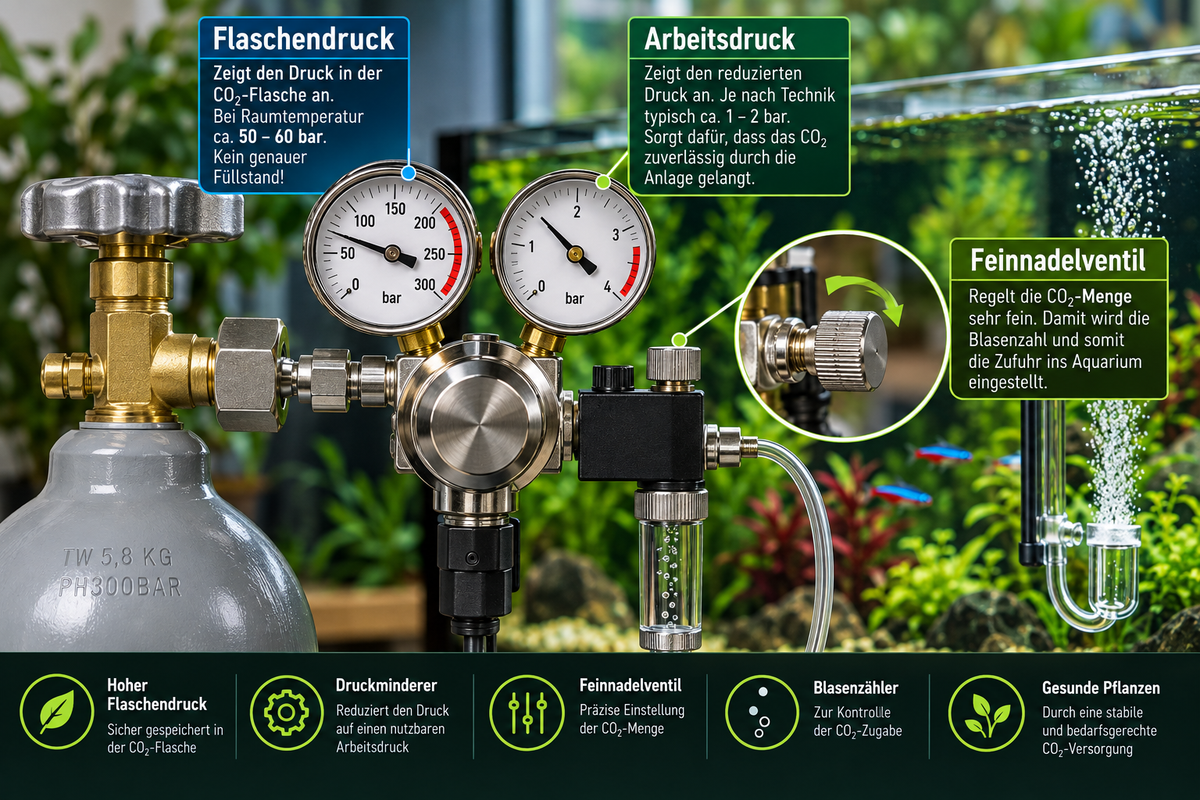 CO₂-Druckminderer fürs Aquarium mit Flaschendruck-Manometer, Arbeitsdruck-Manometer, Feinnadelventil, Blasenzähler und angeschlossenem CO₂-Diffusor