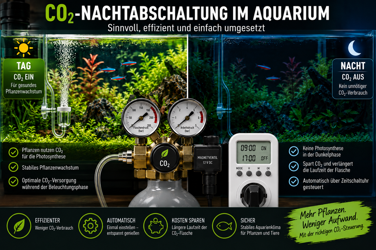 CO₂-Nachtabschaltung im Aquarium mit Magnetventil und Zeitschaltuhr, tagsüber laufender CO₂-Diffusor und nachts abgeschaltete CO₂-Zufuhr