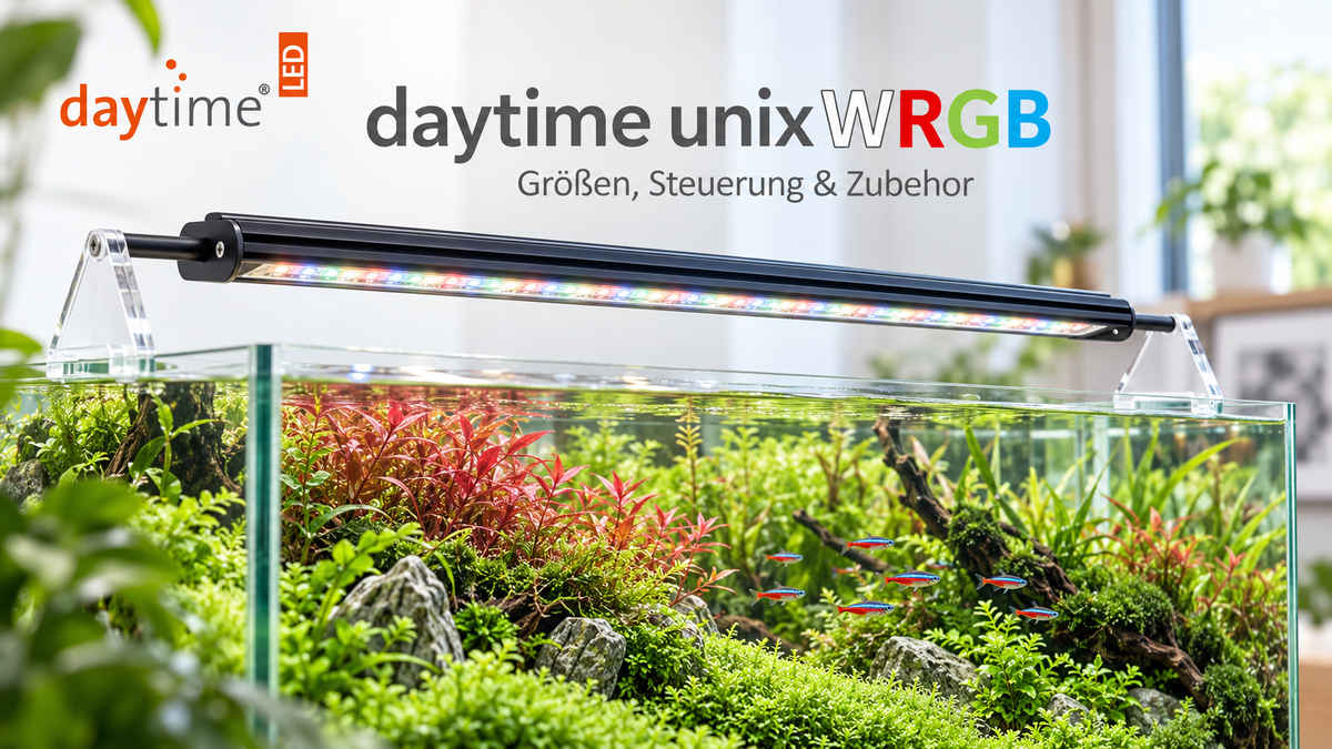 daytime unix WRGB LED-Aquariumbeleuchtung mit Acryl-Adaptern über einem bepflanzten Aquascape