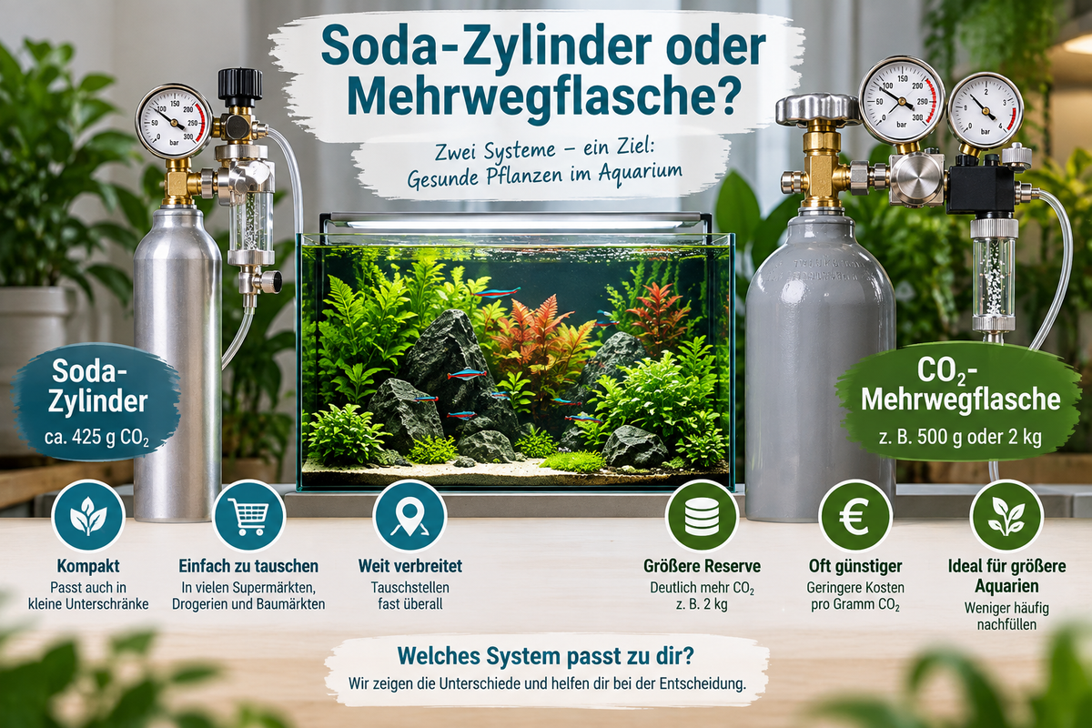 Vergleich von Soda-Zylinder und CO₂-Mehrwegflasche fürs Aquarium mit Druckminderern, bepflanztem Aquarium und Vorteilen beider CO₂-Systeme