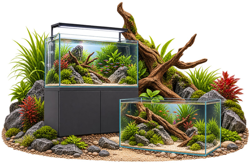 Aquarien mit und ohne Unterschrank vor bepflanztem Aquascape mit Steinen und Wurzeln