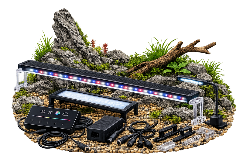 LED Aquarium Beleuchtung mit Controller und Zubehör vor bepflanztem Aquascape