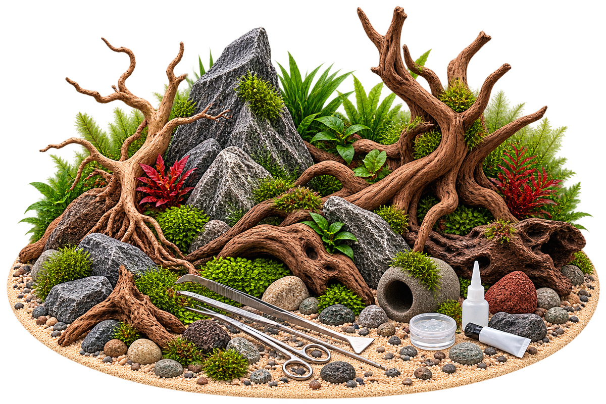 Aquarium Einrichtung und Aquascaping mit Wurzeln, Natursteinen, Tools und Hardscape-Zubehör