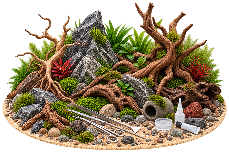 Aquarium Einrichtung und Aquascaping mit Wurzeln, Natursteinen, Tools und Hardscape-Zubehör