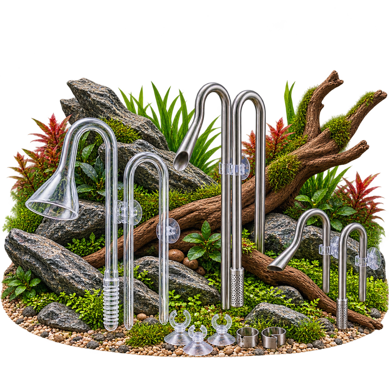 Glas- und Edelstahl Ein- und Ausläufe für Aquariumfilter vor Aquascape