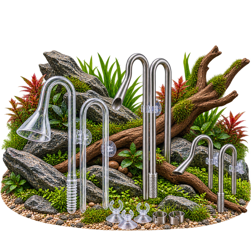 Glas- und Edelstahl Ein- und Ausläufe für Aquariumfilter vor Aquascape