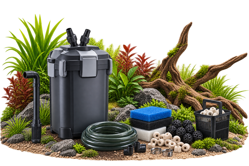 Aquarium Filtertechnik mit Außenfilter und Zubehör vor natürlichem Aquascape