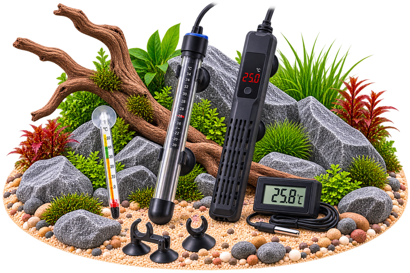 Aquarium Heizstäbe und Thermometer mit digitaler Temperaturanzeige vor Aquascape