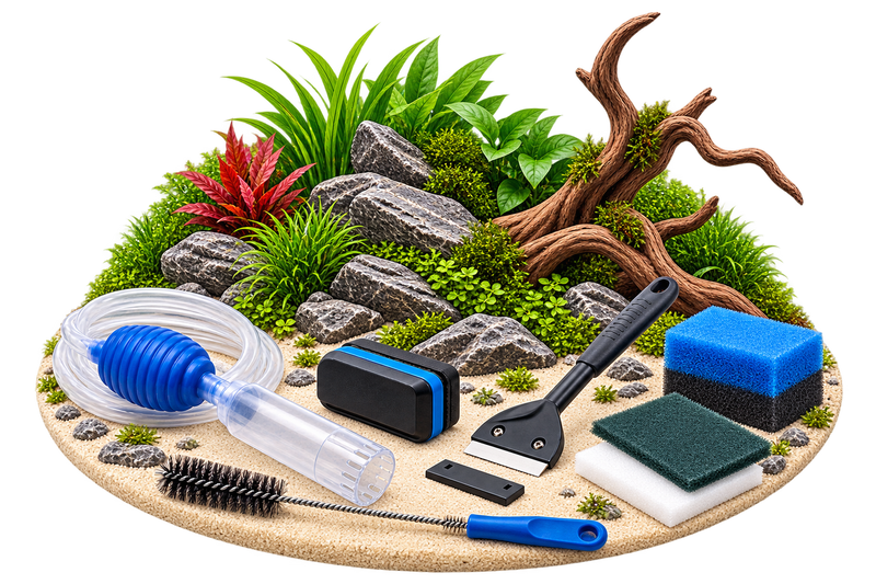 Aquarium Reinigungszubehör mit Mulmsauger, Algenmagnet, Scheibenreiniger und Bürste