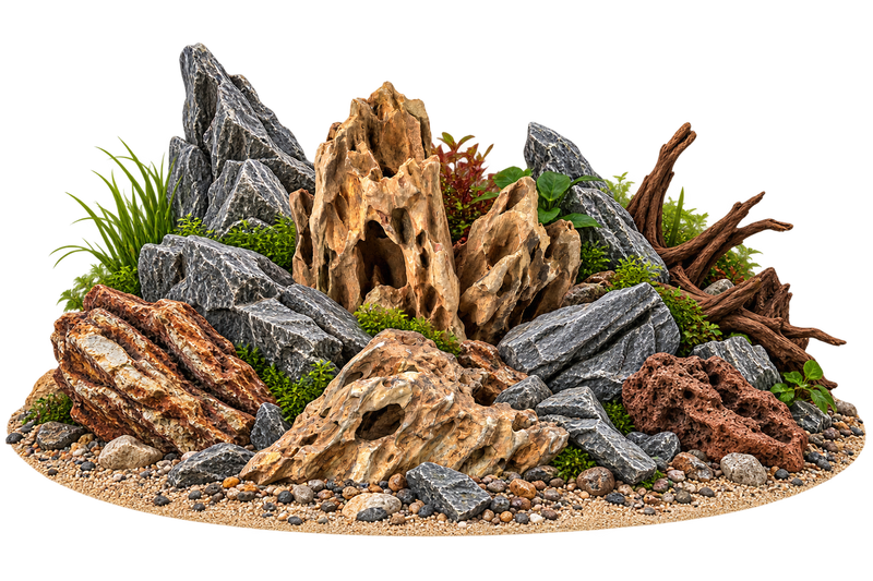 Verschiedene Aquarium Steine mit unterschiedlichen Strukturen und Farben für Aquascaping