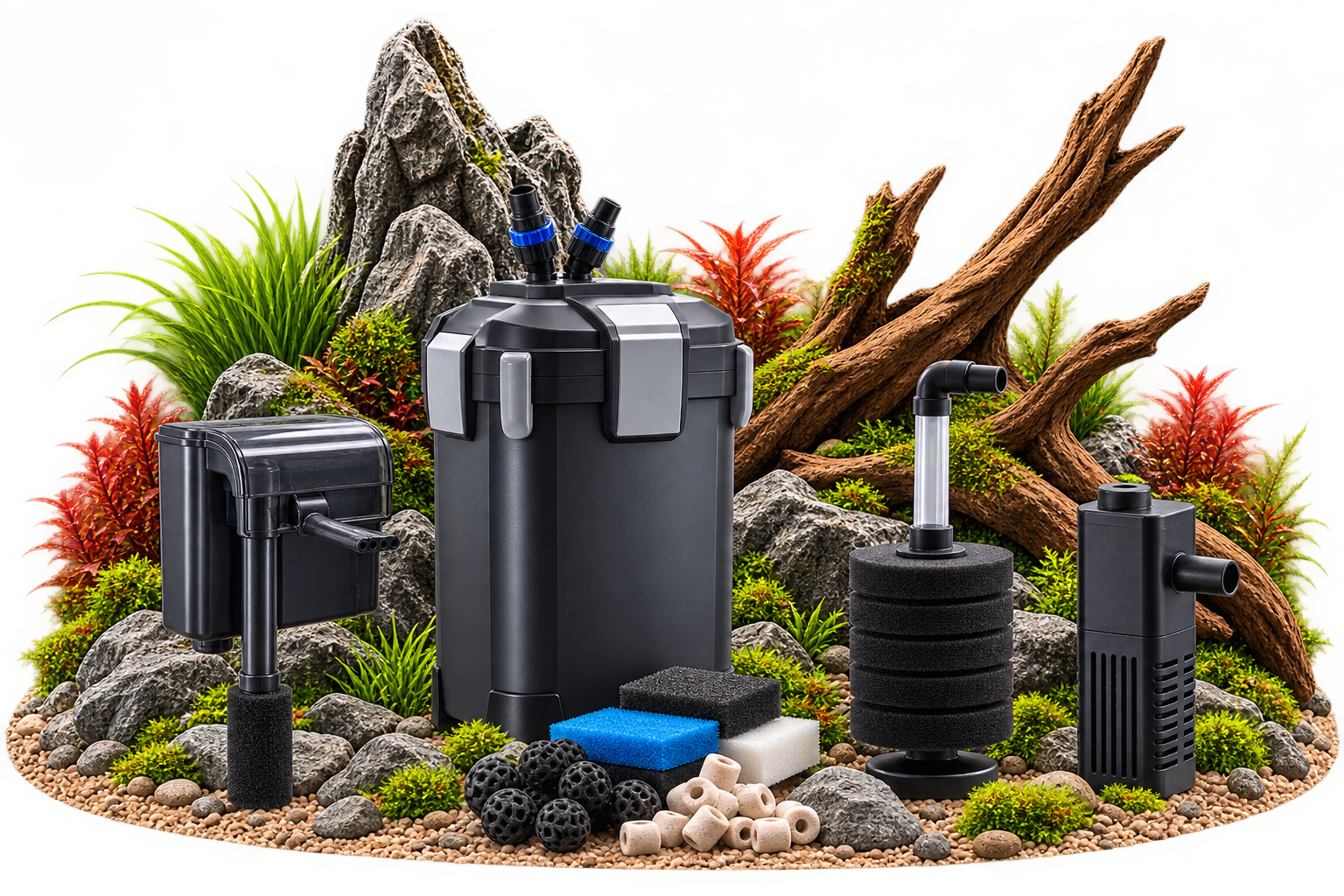 Aquariumfilter vor bepflanztem Aquascape mit Natursteinen und Wurzel
