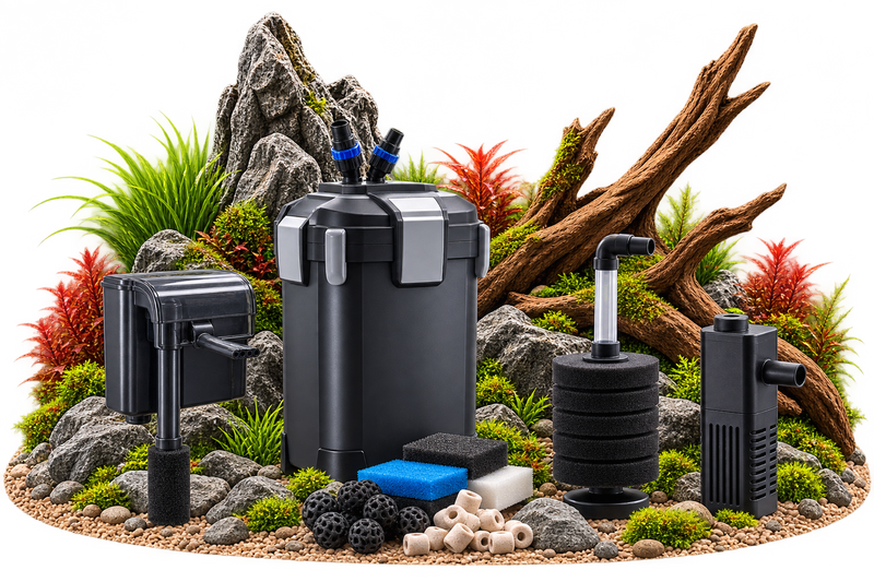 Aquariumfilter vor bepflanztem Aquascape mit Natursteinen und Wurzel