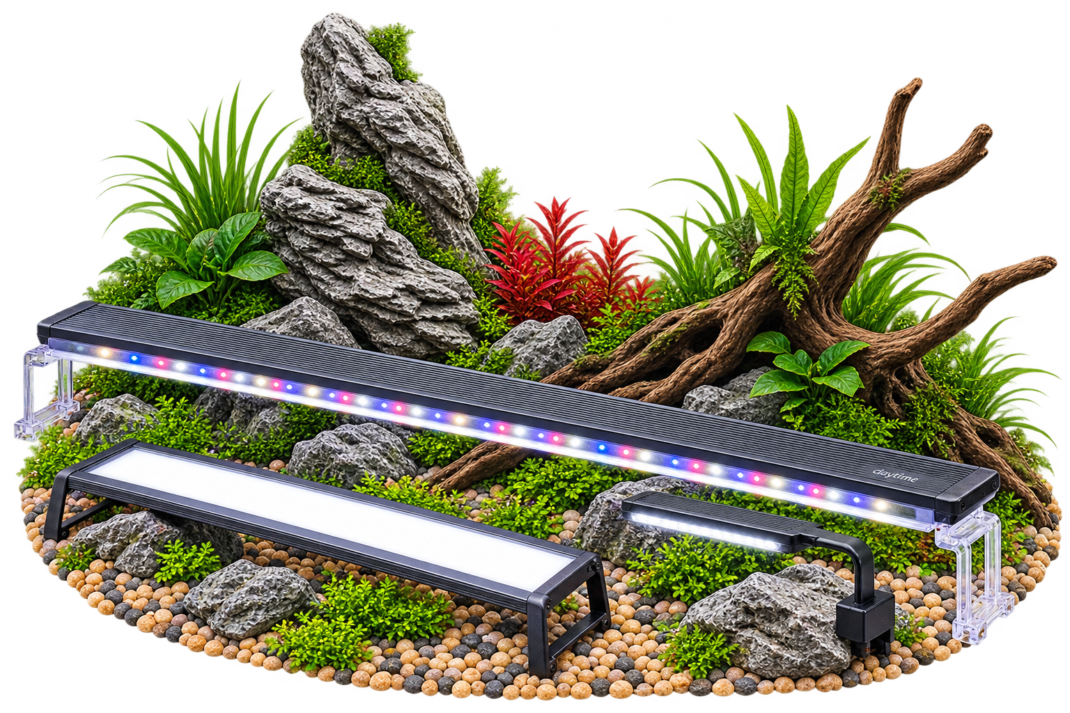 Verschiedene LED Aquariumlampen über einem bepflanzten Aquascape