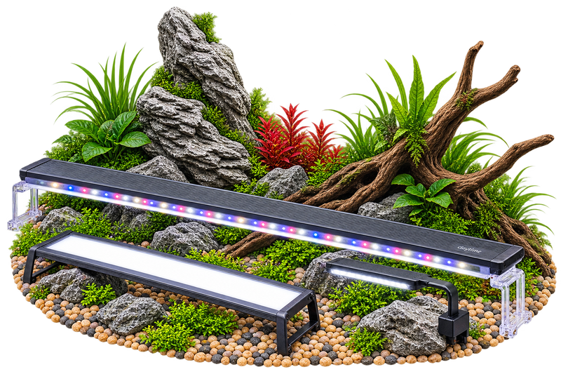 Verschiedene LED Aquariumlampen über einem bepflanzten Aquascape