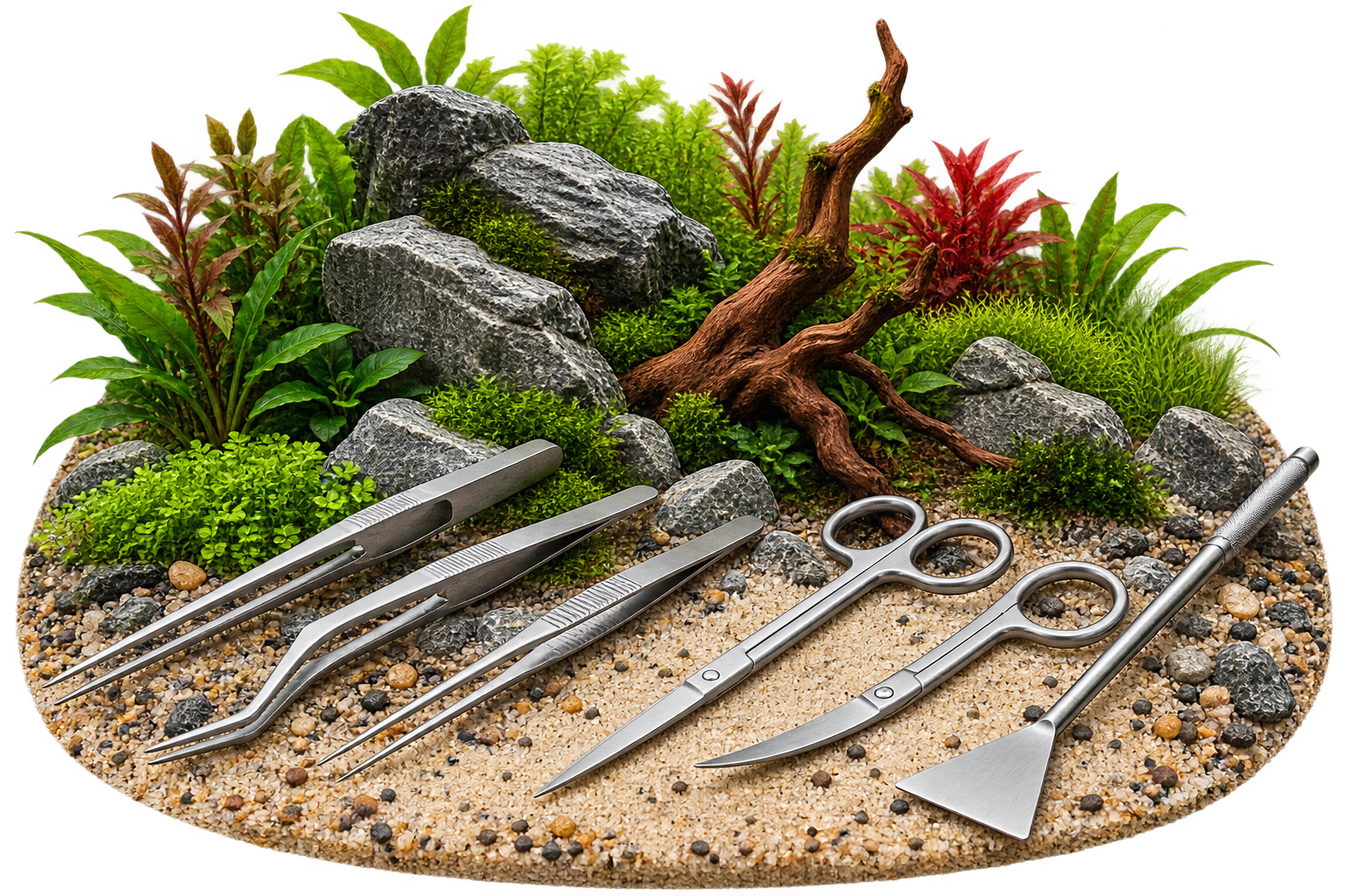 Aquascaping Tools mit Pinzetten, Scheren und Bodengrundspatel für bepflanzte Aquarien