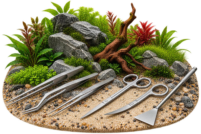 Aquascaping Tools mit Pinzetten, Scheren und Bodengrundspatel für bepflanzte Aquarien