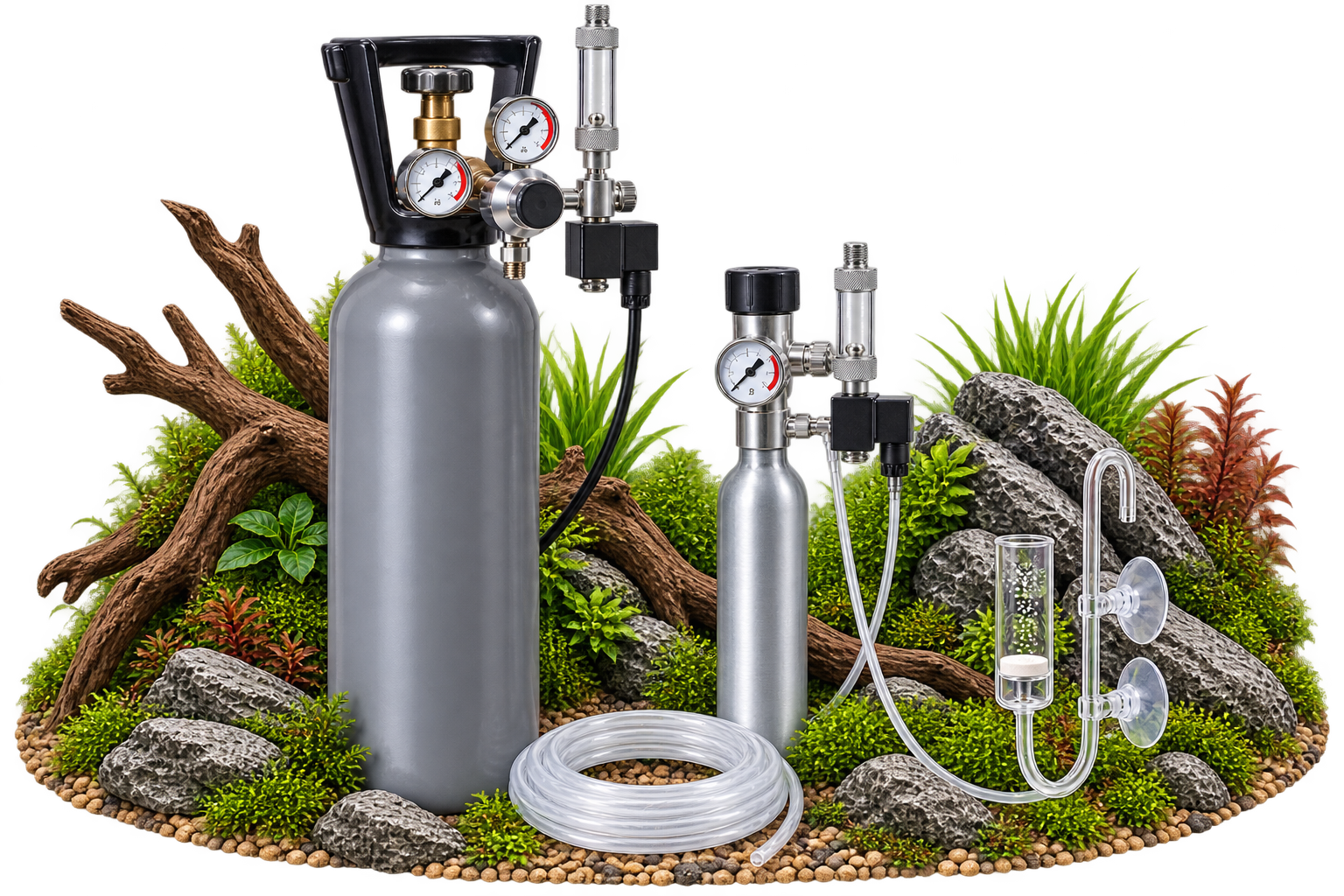 CO₂-Anlagen für Aquarien mit CO₂-Flaschen, Druckminderern und Zubehör