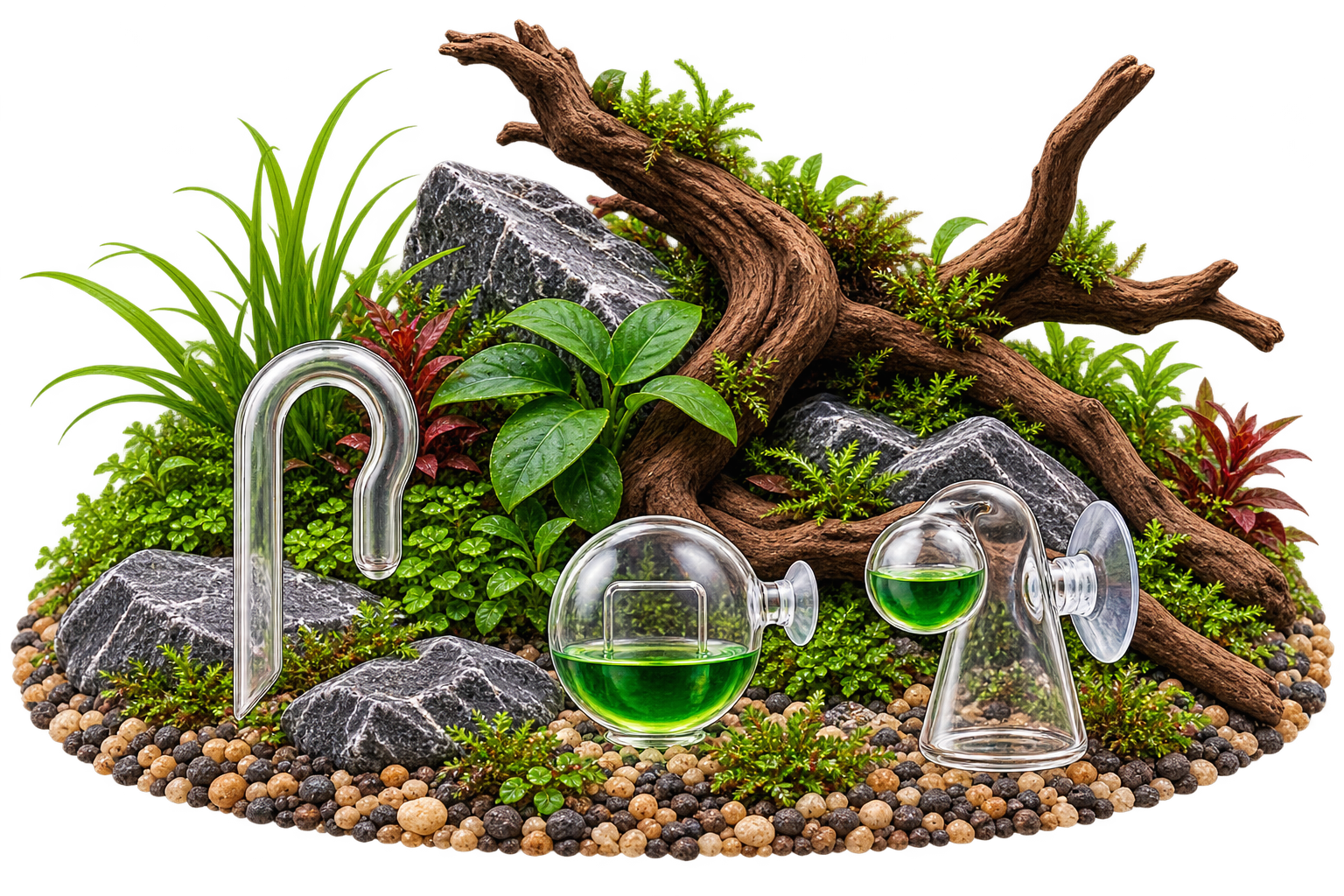 Verschiedene Glas CO₂-Dauertests mit grüner Indikatorflüssigkeit für Aquarien