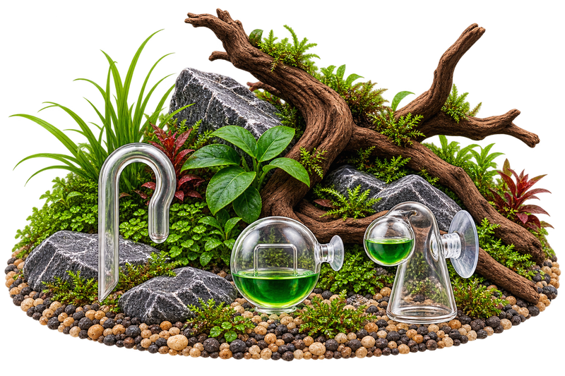 Verschiedene Glas CO₂-Dauertests mit grüner Indikatorflüssigkeit für Aquarien