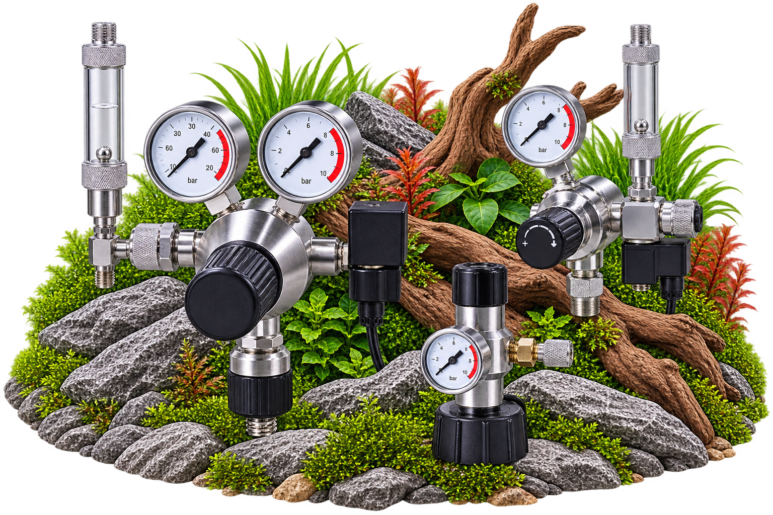 Verschiedene CO₂-Druckminderer für Aquarien vor natürlichem Aquascape