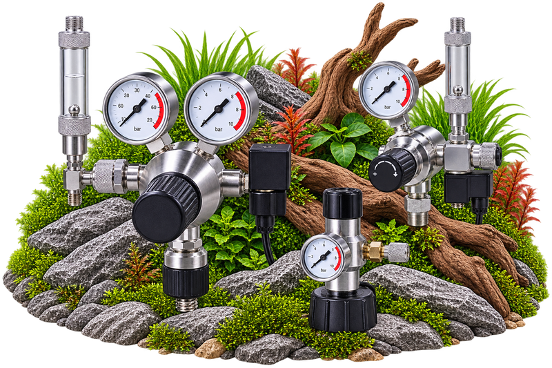 Verschiedene CO₂-Druckminderer für Aquarien vor natürlichem Aquascape