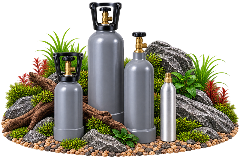 Graue CO₂-Mehrwegflaschen und Soda-CO₂-Flasche für Aquarium CO₂-Anlagen