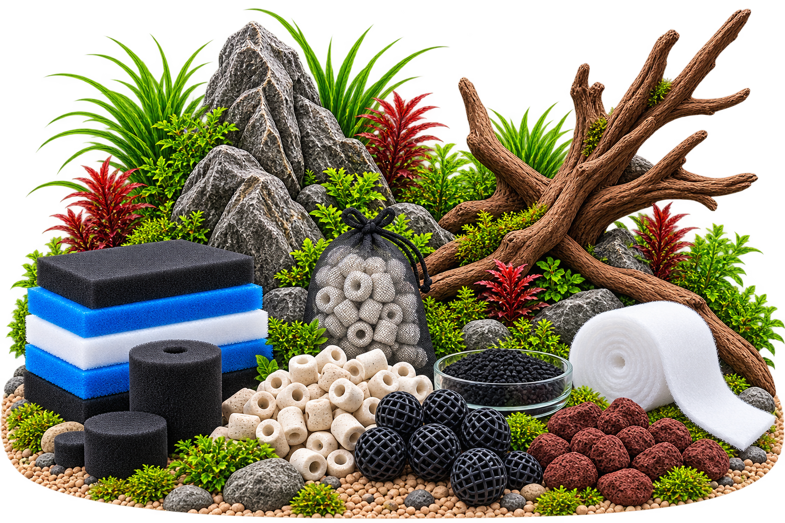 Verschiedene Filtermedien für Aquariumfilter vor natürlichem Aquascape
