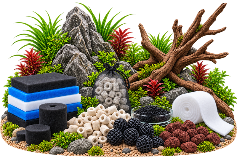 Verschiedene Filtermedien für Aquariumfilter vor natürlichem Aquascape