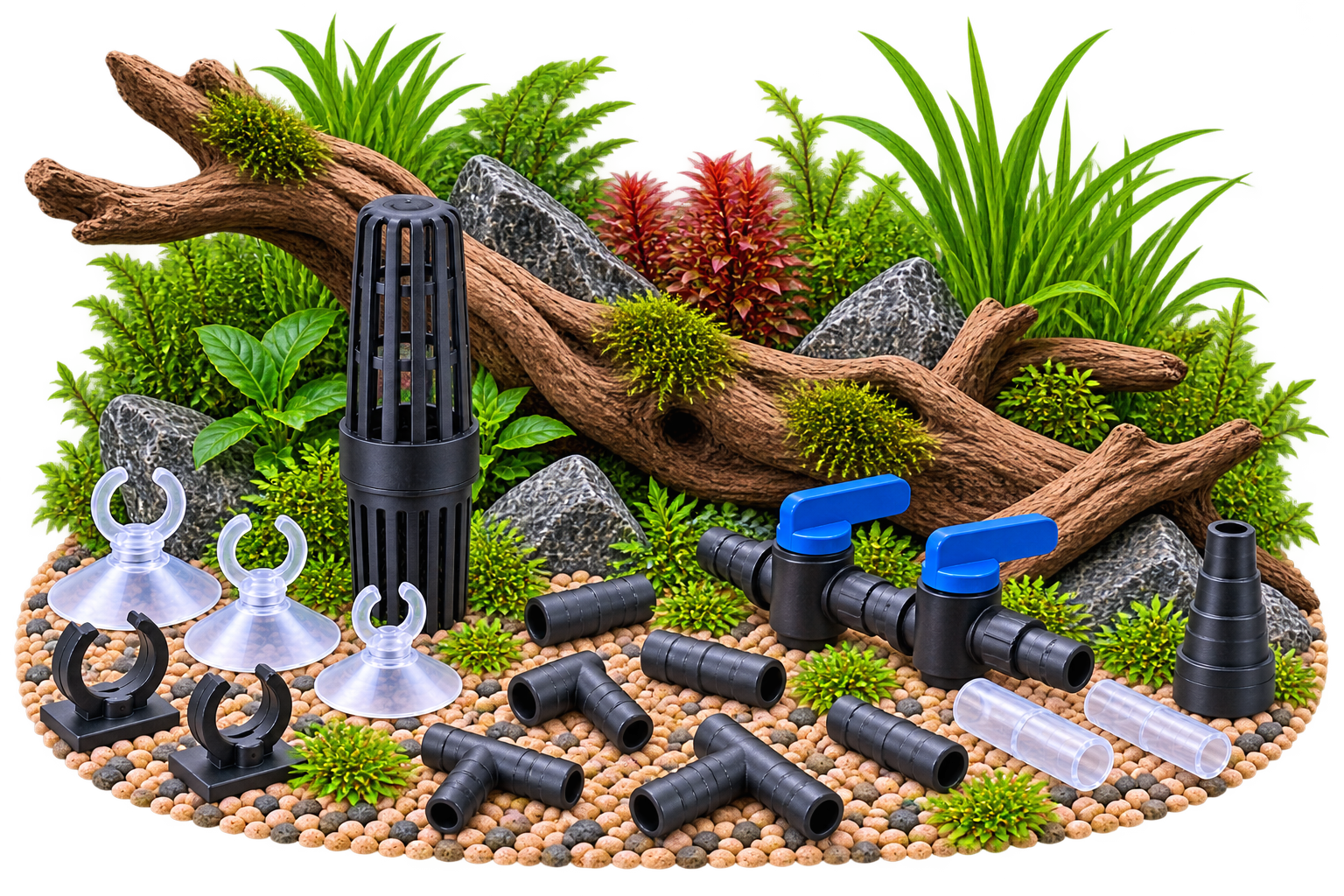 Filterzubehör mit Schlauchverbindern, Ventilen und Befestigungen für Aquariumfilter