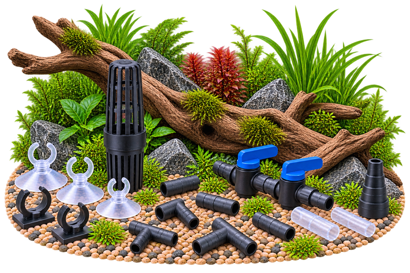 Filterzubehör mit Schlauchverbindern, Ventilen und Befestigungen für Aquariumfilter