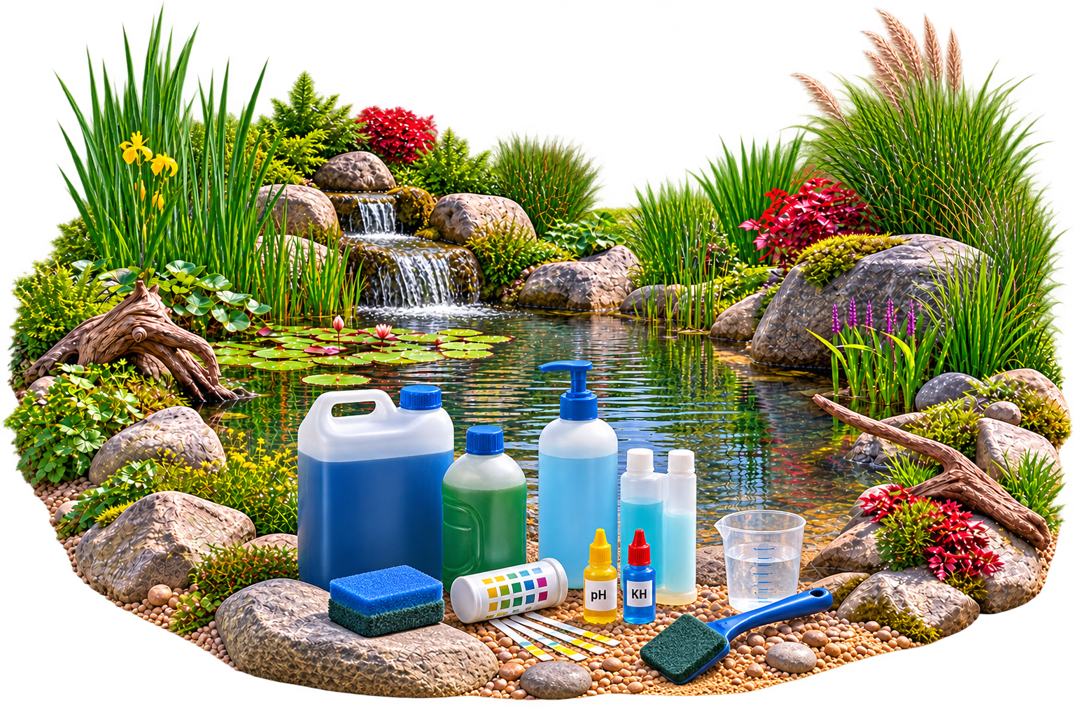 Teichpflege und Wasserpflege mit Wasseraufbereitern, pH- und KH-Test sowie Testzubehör