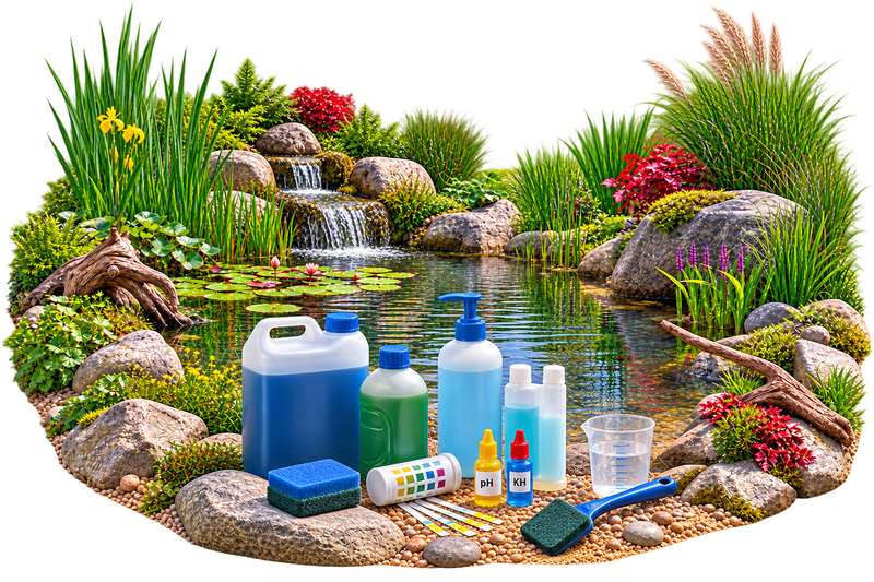 Teichpflege und Wasserpflege mit Wasseraufbereitern, pH- und KH-Test sowie Testzubehör