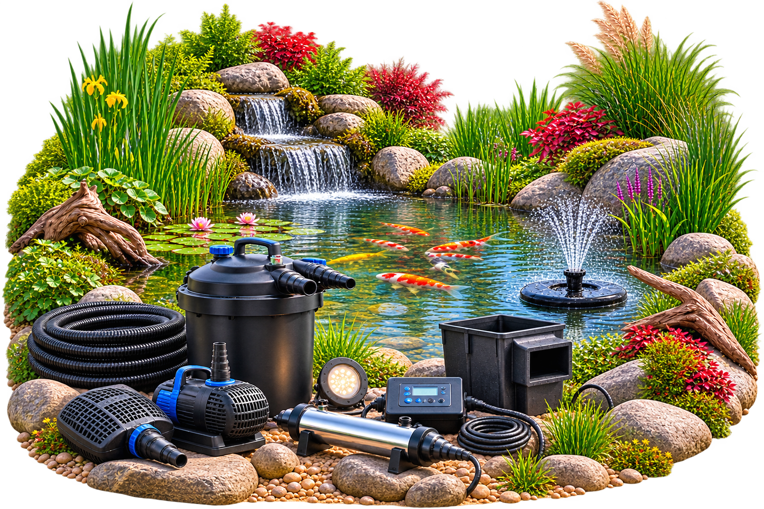 Teichtechnik mit Teichfilter, Teichpumpen, UV-C-Klärer, Belüftung und Zubehör am Gartenteich