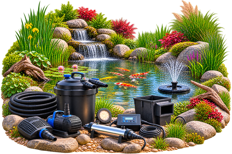 Teichtechnik mit Teichfilter, Teichpumpen, UV-C-Klärer, Belüftung und Zubehör am Gartenteich