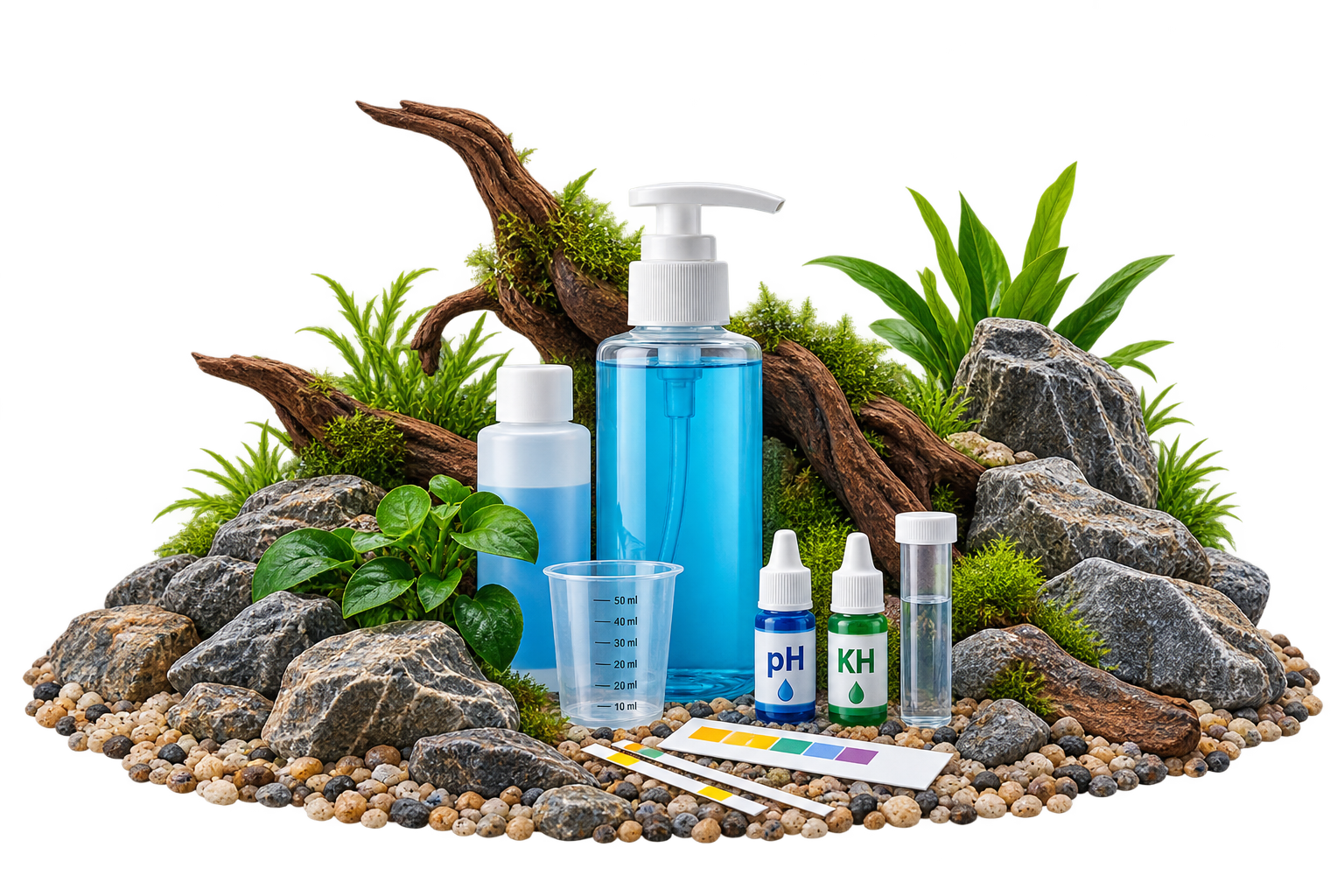 Aquarium Wasserpflege mit Wasseraufbereiter, pH- und KH-Test sowie Teststreifen