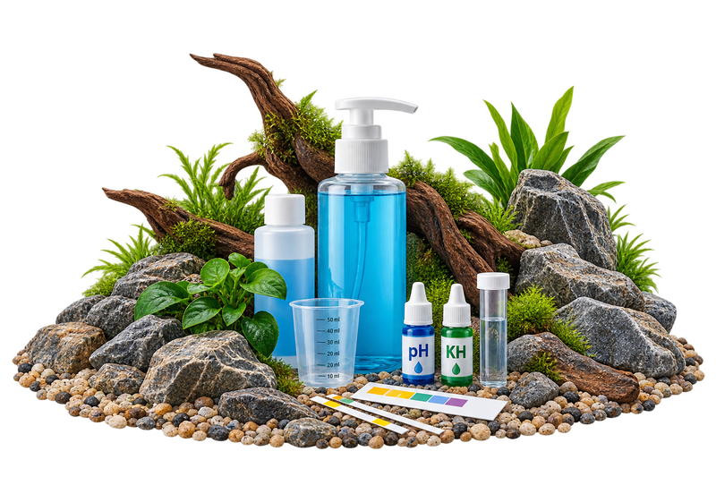 Aquarium Wasserpflege mit Wasseraufbereiter, pH- und KH-Test sowie Teststreifen
