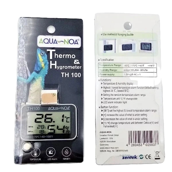AQUA-NOA Thermo- & Hygrometer TH100 digitales Aquarium-Thermometer mit Luftfeuchtigkeits- und Alarmfunktion