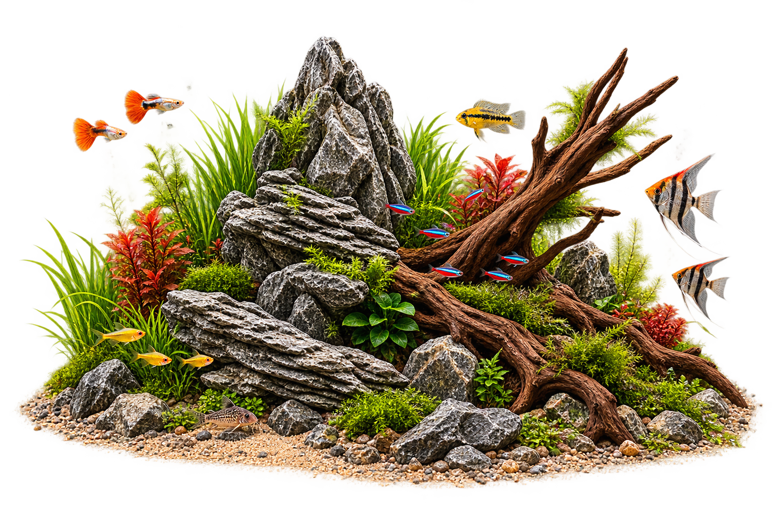 Aquascape mit Aquariumfischen, Pflanzen, Wurzeln und Natursteinen für die Kategorie Aquaristik