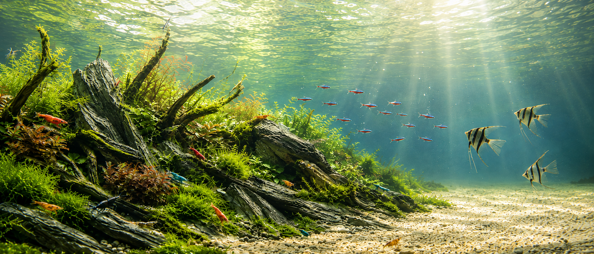 Helles Aquascape mit Wasserpflanzen, Natursteinen, Wurzeln, Neonfischen, Skalaren und Garnelen für aquaSepp Aquaristik