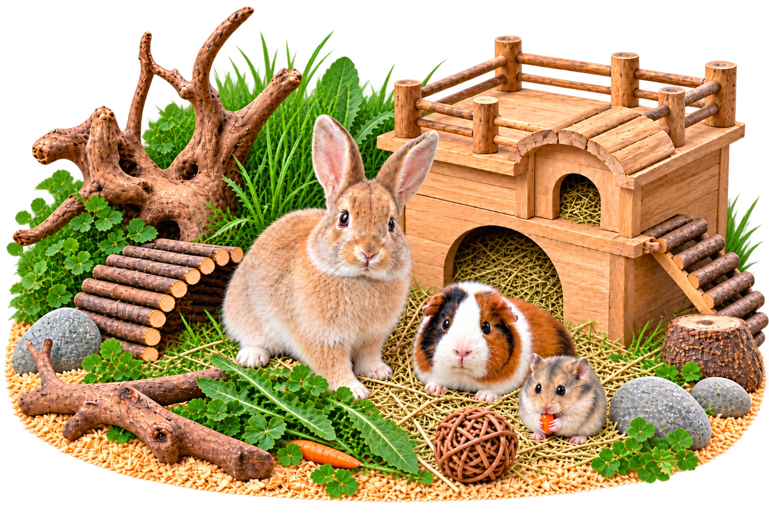 Kleintierwelt mit Kaninchen, Meerschweinchen und Hamster, Holzhaus, Heu, Grünfutter und natürlicher Einrichtung