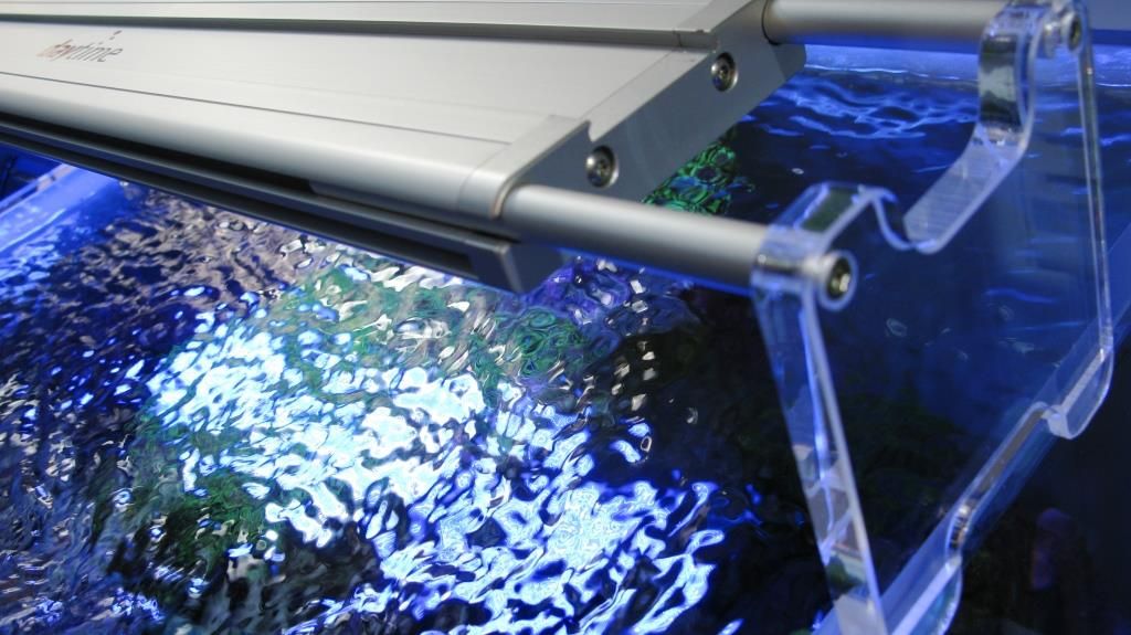 daytime matrix LED-Aquariumleuchte mit Acryl-Aufsetzadapter auf offenem Aquarium