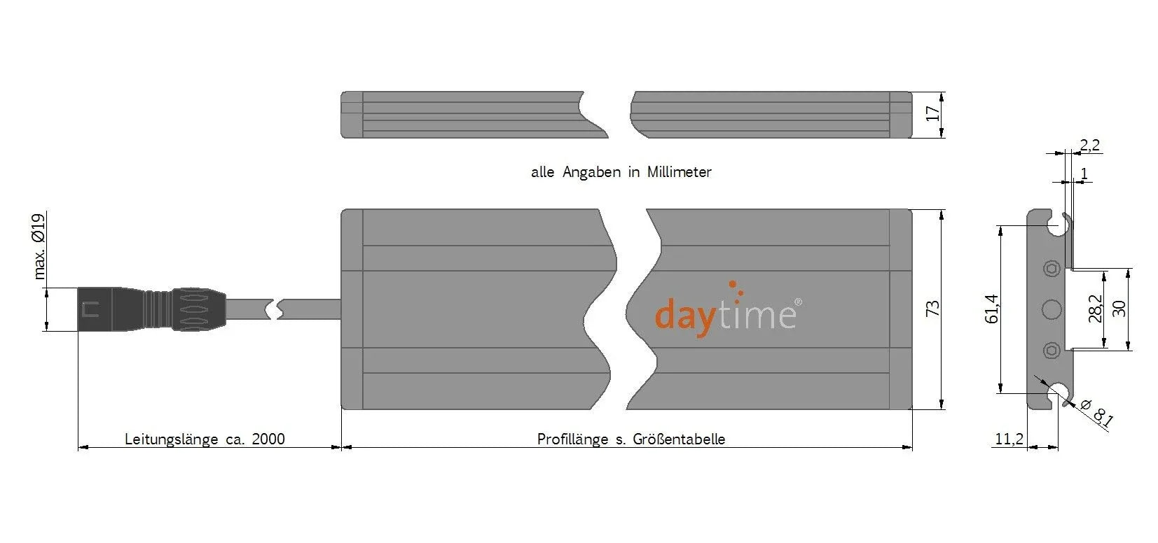 daytime matrix Maßskizze mit Profilabmessungen und Anschlussleitung
