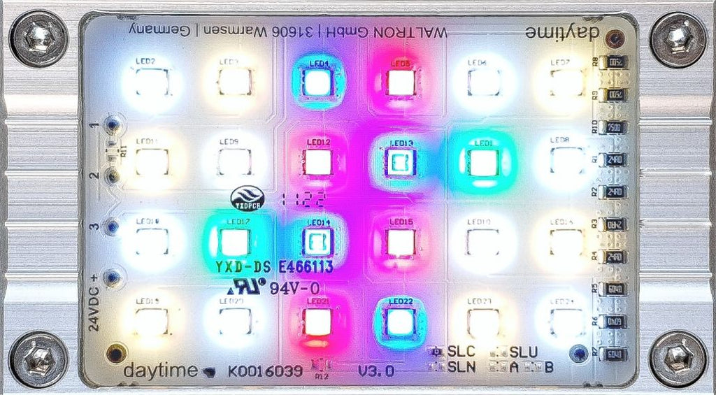 daytime PRO-SLC SunLike-Color LED-Modul eingeschaltet mit Weiß-, Grün-, Blau- und Rotlicht