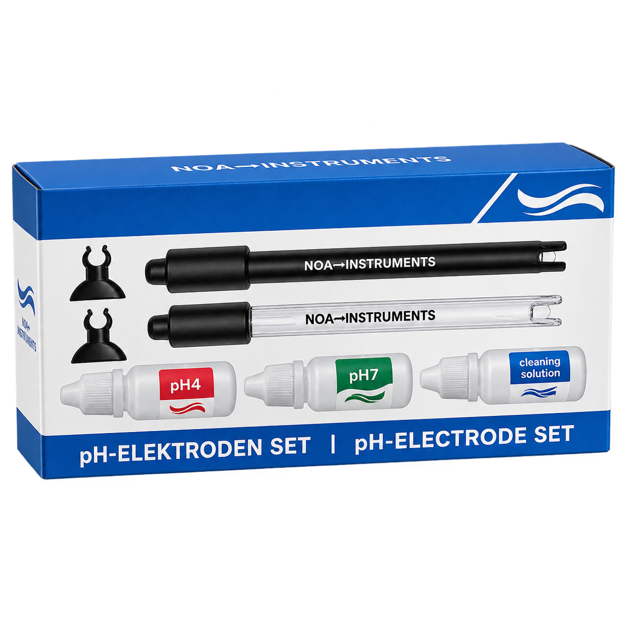 NOA-INSTRUMENTS pH-Elektroden-Set mit 12 mm BNC-Elektrode, Eichlösungen und Elektrodenhalter