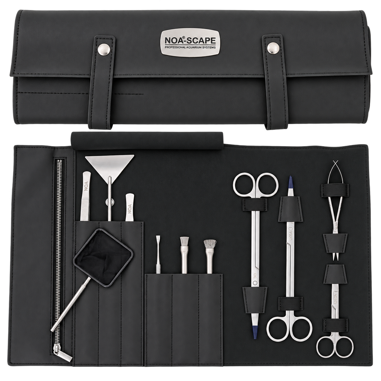 NOA-SCAPE Aquascaping Tools Premium Set mit geöffneter und geschlossener Rollbag