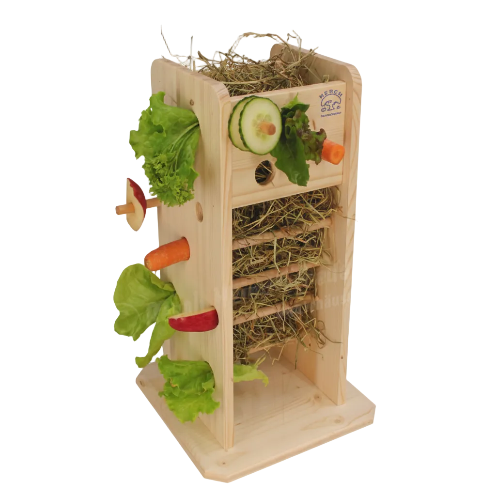 Resch Futterturm aus Fichtenholz mit Heuraufe und Snackhalter für Kaninchen und Meerschweinchen