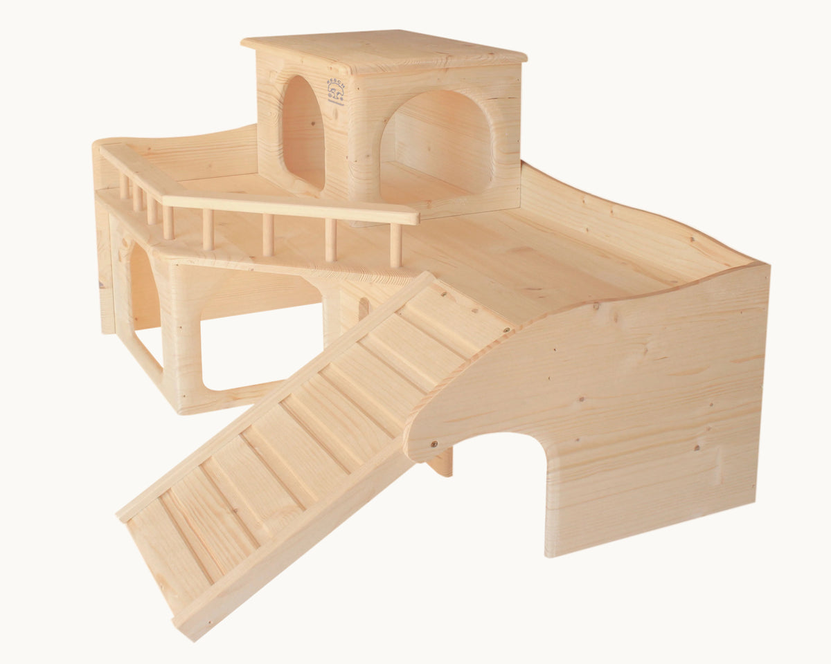Resch Kaninchenschloss mit Turm und großer Terrasse aus Fichtenholz – mehrstöckiges Kleintierhaus – Produktansicht 4